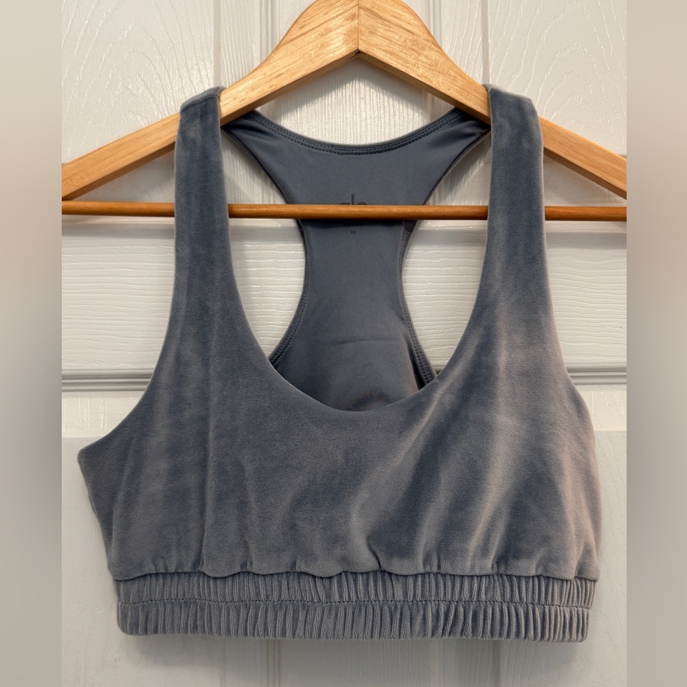 Alo Yoga Velour Glimmer Scoop Neck Bra 
Steel blue/blue gray, Size M, NWOT